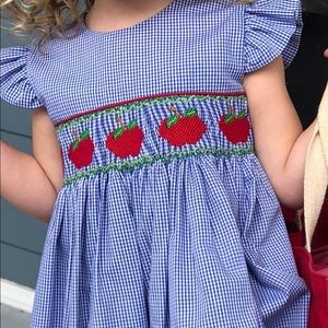 2T Smocked blue and white dress with red apples